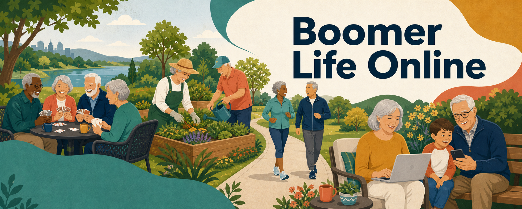 Adults enjoying cards, gardening, walking, and technology together in a park.